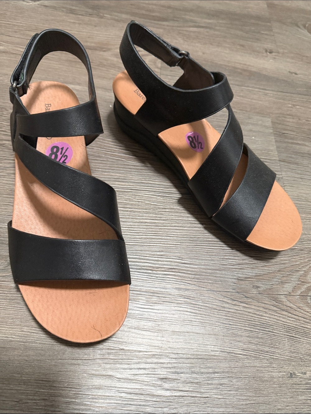 BareTraps Black Strappy Sandals with Tan Footbed